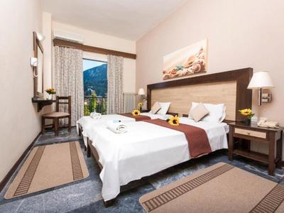 Chambre d'hôtel avec lit double, bureau, tables de chevet et vue sur la montagne par la fenêtre.