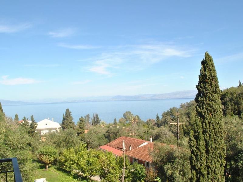 Pohled na zelené stromy, domy s červenými střechami a modrou oblohu u moře.