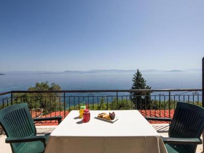 Balcón con mesa y sillas con vistas al mar y la costa bajo un cielo despejado.