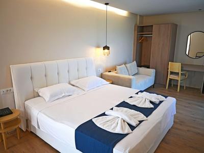 Modern hotelkamer met groot tweepersoonsbed, slaapbank, bureau en houten vloer.