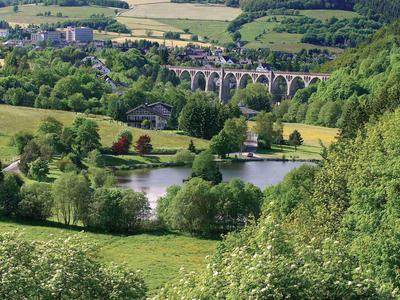 Grüne Landschaft mit Fluss, Bäumen, Brücke und Häusern in hügeliger Umgebung.