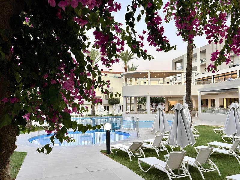 Hotel garden with pool, sun loungers, and blooming plants in the foreground
