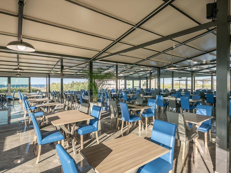 Ruim, licht restaurant interieur met blauwe stoelen en houten tafels