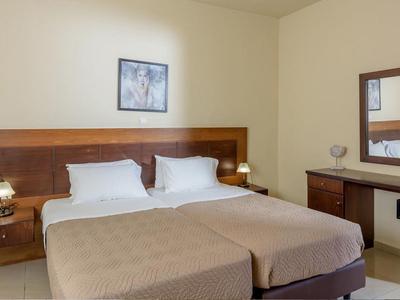 A hotel room with two single beds, nightstands, lamps, and a large mirror on the wall.