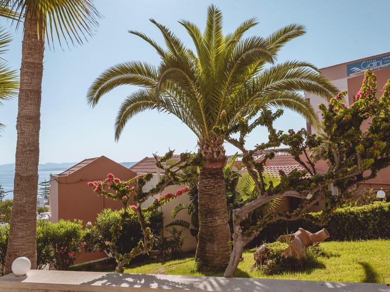 Palm trees in front of a pink building under a clear blue sky in a garden area.
