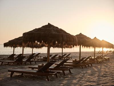 Rangées de chaises longues sous parasols en chaume sur la plage au coucher du soleil.