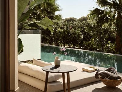 Terrasse moderne avec piscine, chaises longues et plantes tropicales.