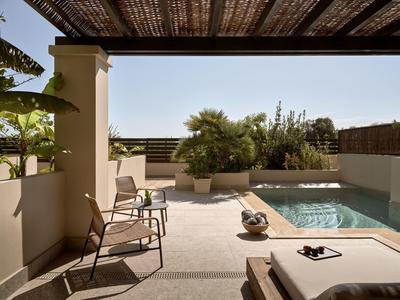 Terrasse avec piscine, chaises, plantes et parasol par une journée ensoleillée.
