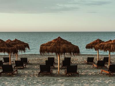 Rangée de chaises longues et parasols en paille sur une plage face à la mer.
