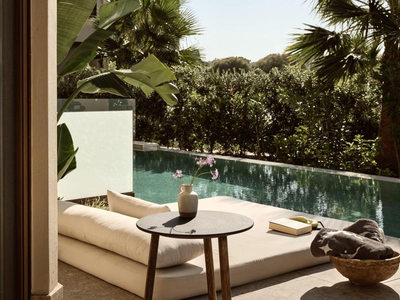 Terrasse moderne avec piscine, chaises longues et plantes tropicales.