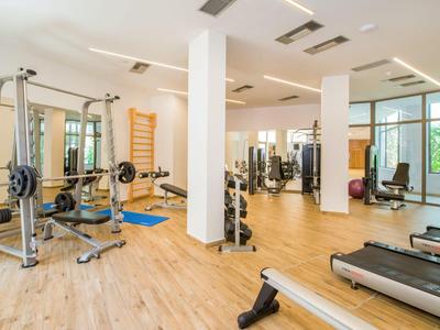 Helles Fitnessstudio mit Holzboden, verschiedenen Trainingsgeräten und großen Fenstern.
