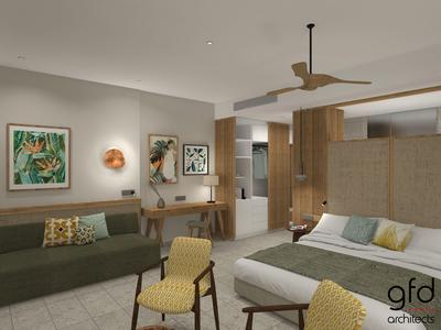 Nowoczesny pokój hotelowy z łóżkiem, sofą, biurkiem i dekoracyjną sztuką na ścianie.