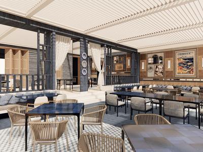 Interior luminoso y moderno de restaurante con mesas, sillas y una amplia barra