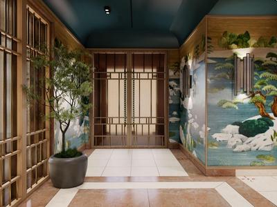 Pasillo elegante con paneles de madera, plantas y un mural de temática natural.