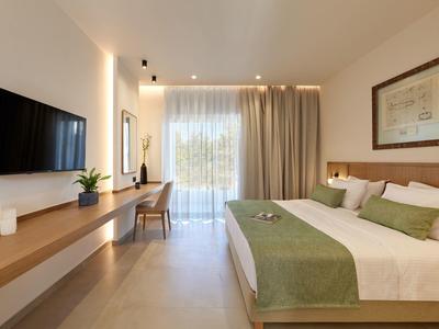 Helles Hotelzimmer mit großem Bett, grünem Bettläufer, TV und Schreibtisch vor Balkon.