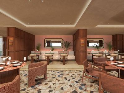 Elegantes Hotelrestaurant mit modernen Möbeln, Holzwänden und Mosaikboden.