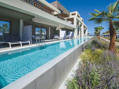 Piscina moderna dell'hotel con lettini accanto a un edificio e palme all'esterno.