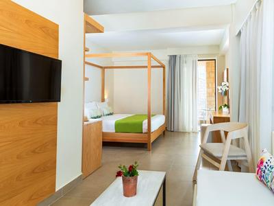 Bright hotel room with double bed, wooden frame, TV, and modern seating area.
