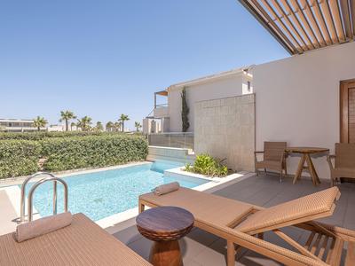 Piscina exterior moderna con tumbonas y vista a seto verde bajo cielo azul.