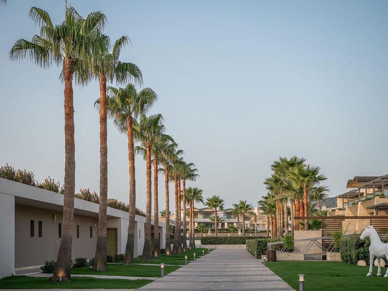 Ancha avenida con palmeras y edificios modernos bajo cielo despejado en un resort hotelero.