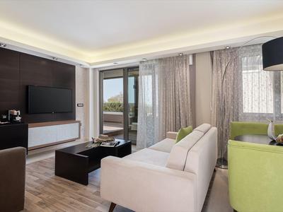 Salon lumineux et moderne avec deux canapés, mur TV et grande fenêtre.