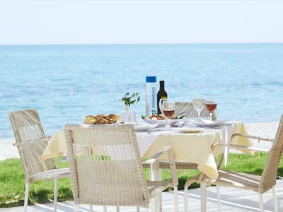 Una mesa puesta con vino junto al mar tranquilo en un día soleado.