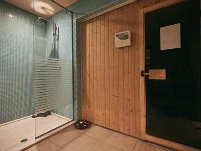 Área de bienestar moderna con ducha y sauna de madera con puerta de vidrio.