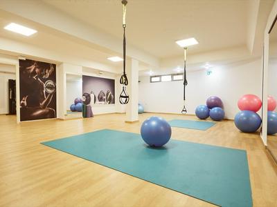 Moderner Fitnessraum mit Holzfußboden, großen Spiegeln, Gymnastikbällen und blauer Trainingsmatte.