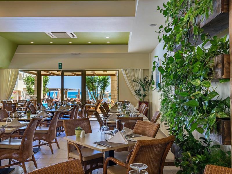 Elegante restaurant met houten meubels, grote ramen en weelderige groene planten bij de ingang.