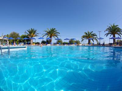 Czysty niebieski basen z parasolami i palmami w słoneczny dzień.