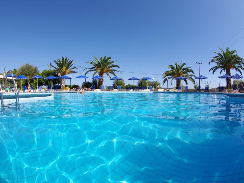 Helder blauw zwembad met palmbomen en parasols onder een heldere lucht