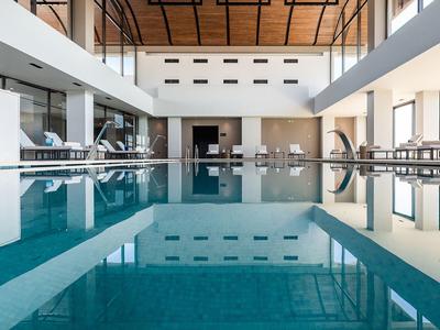 Modern indoor pool with clear water and wooden ceiling in a spacious hotel area.