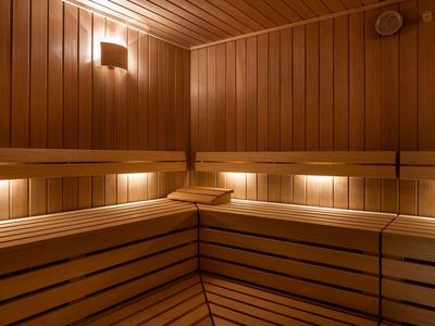 Cozy wooden sauna room with tiered benches and warm lighting.