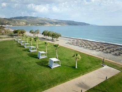 Coastal lawn with hanging seats and palm trees beside the beach and ocean under cloudy sky.