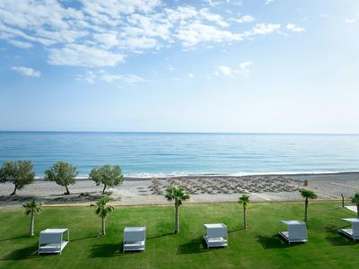 Calm beach with sun loungers, green palm trees, and clear blue sky over the sea.