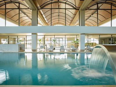 Indoor pool with a curved water feature under a high arched ceiling with glass walls.