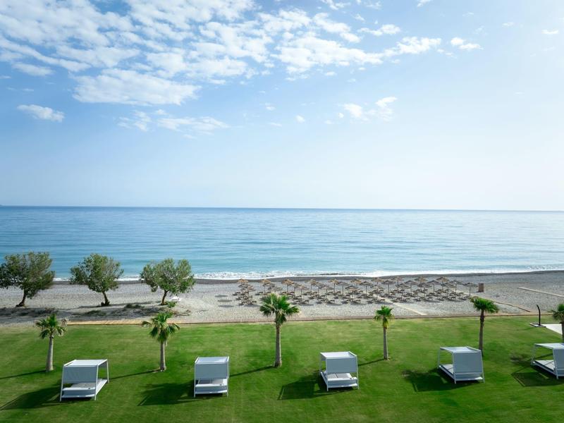 Calm beach with sun loungers, green palm trees, and clear blue sky over the sea.