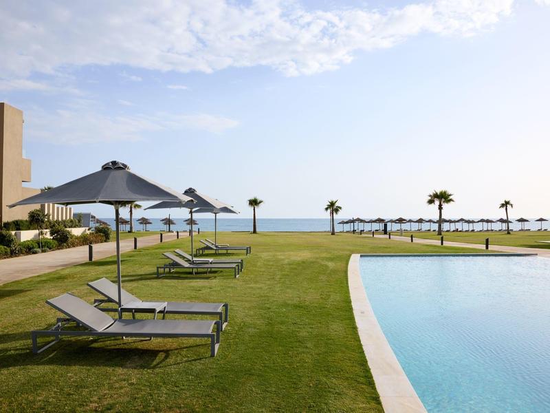 Outdoor pool with lounge chairs and umbrellas on a lawn facing the sea and palm trees.