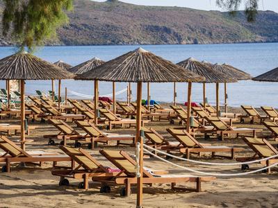 Spiaggia con numerosi lettini in legno e ombrelloni di paglia vicino al mare calmo