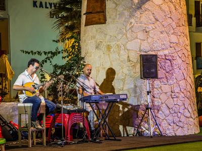 Zwei Musiker spielen Gitarre und Keyboard vor einer Steinmauer bei Nacht.