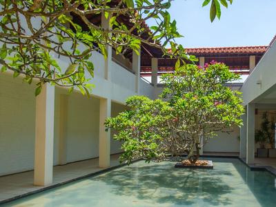 Innenhof mit Baum in Wasserbecken, umgeben von weißem Gebäude und roten Dachziegeln.