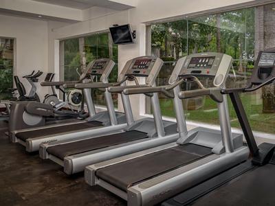 Innenansicht eines Fitnessraums mit mehreren Laufbändern neben großen Fenstern.