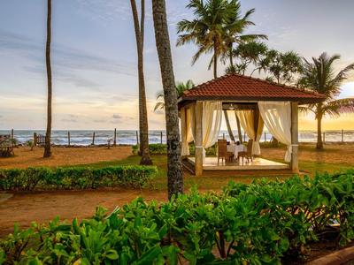 Een paviljoen met gordijnen op het strand bij zonsondergang, omgeven door palmbomen en planten.