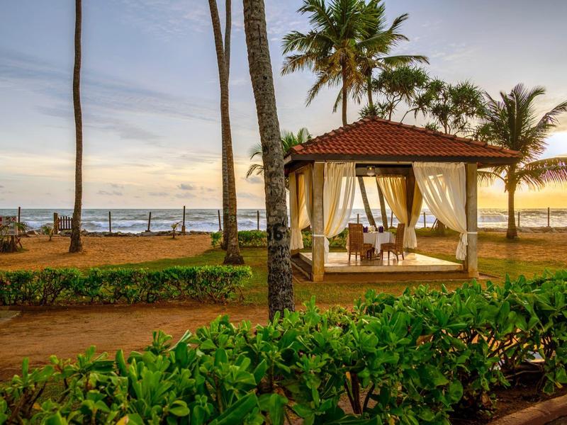 Een paviljoen met gordijnen op het strand bij zonsondergang, omgeven door palmbomen en planten.