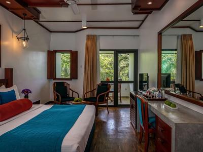 Světý hotelový pokoj s velkou postelí, posezením a okny s výhledem na stromy.