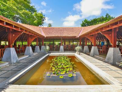 Überdachter Holzpavillon mit Teich und Seerosen, umgeben von grünen Bäumen und blauem Himmel.