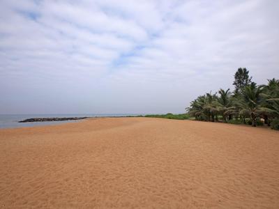 Breiter Sandstrand mit bewölktem Himmel und Palmen am Rand