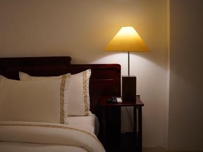 Ein gemütliches Hotelzimmer mit zwei Kissen und einer Lampe auf einem Nachttisch.