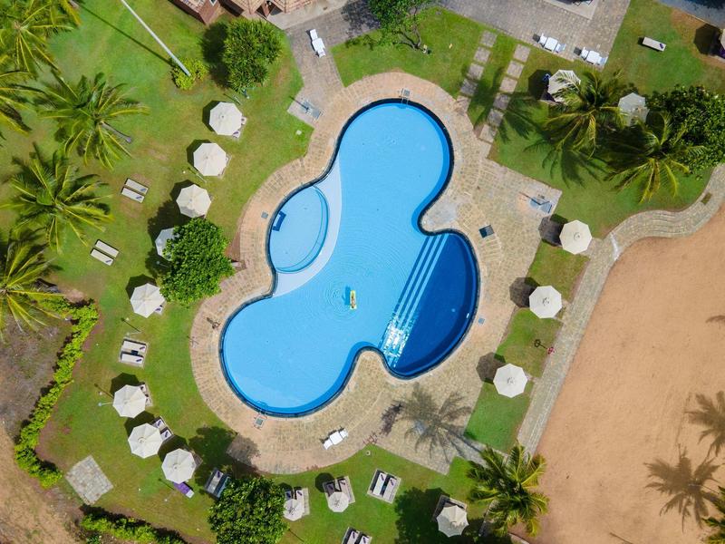 Aerial view of an organically shaped pool with sun umbrellas and palm trees.