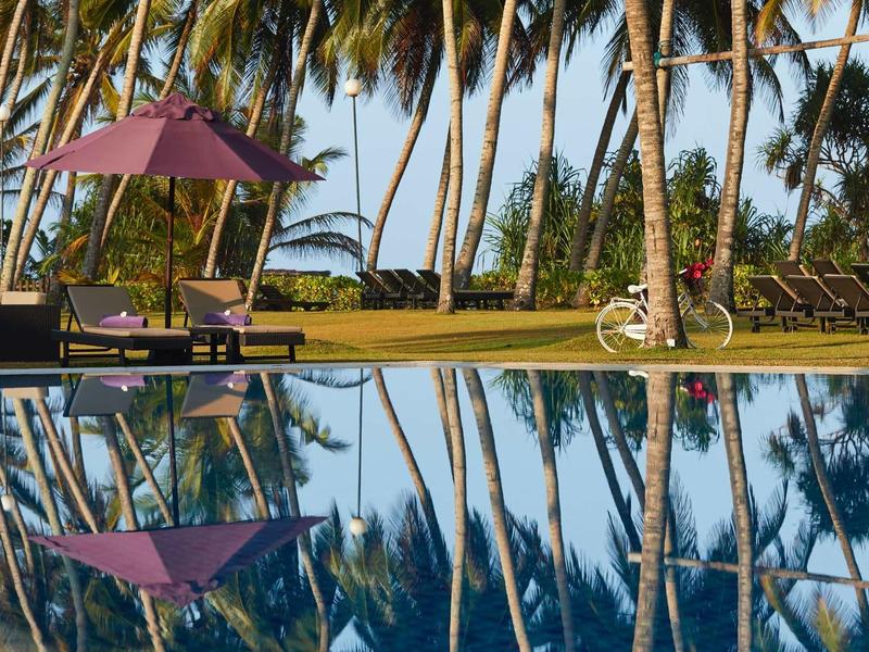 Uitzicht op een zwembad met palmbomen en ligstoelen bij zonsondergang.
